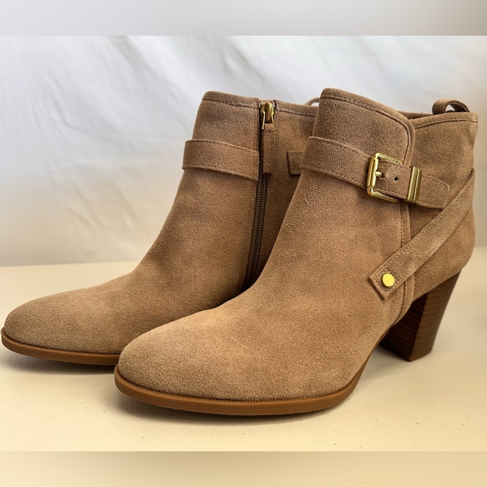 Franco Sarto Delancy Suede Leather Block Heel Ankle Boots – Size 9.5M Tan Fall - Picture 2 of 6